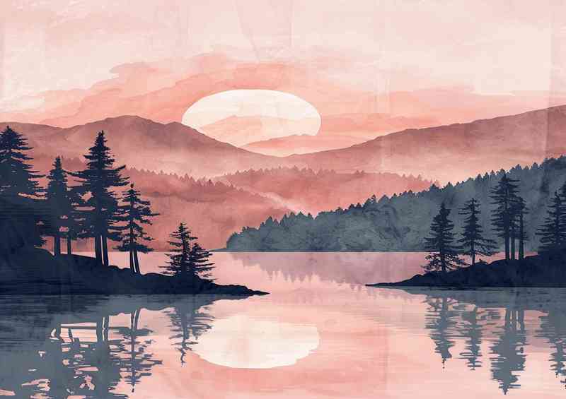 A beautiful digital illustration of the silhouette lake | Metal Poster