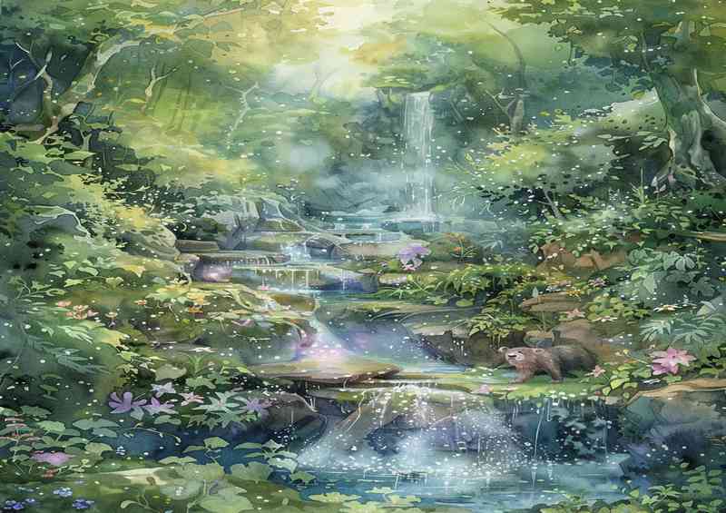 A whimsical watercolor enchanted waterfall | Metal Poster