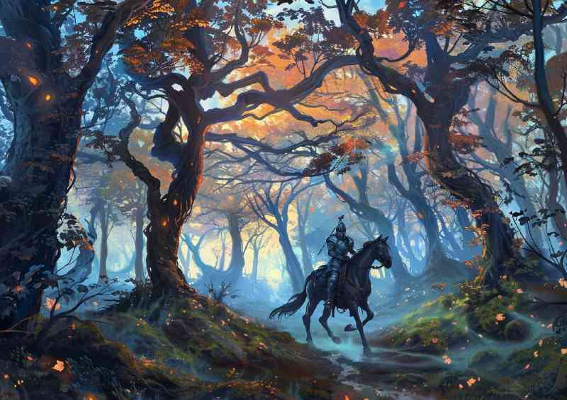 Knight riding through an enchanted wooded forest | Metal Poster