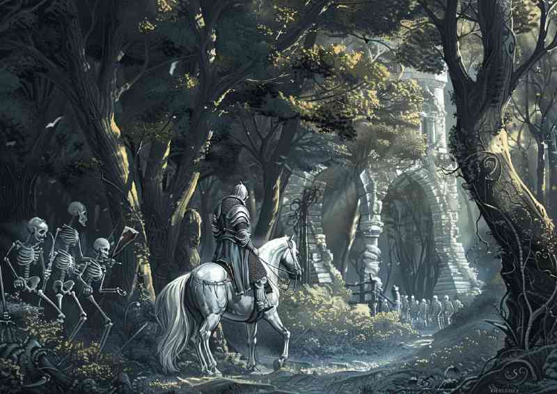 Knight shining armor rides on the back of his white horse | Metal Poster