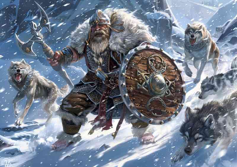 Norse Dwarf with a sword and pack of Wolfs | Metal Poster