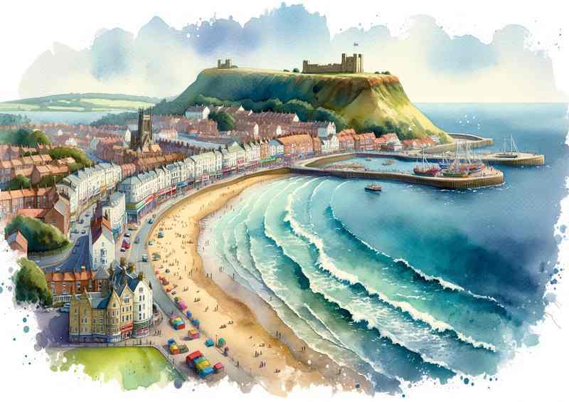 Watercolour Painting of Scarboroughs Seaside Splendor | Metal Poster