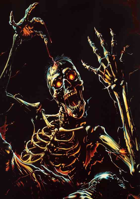 80s horror cover art scary skeleton with glowing eyes | Metal Poster