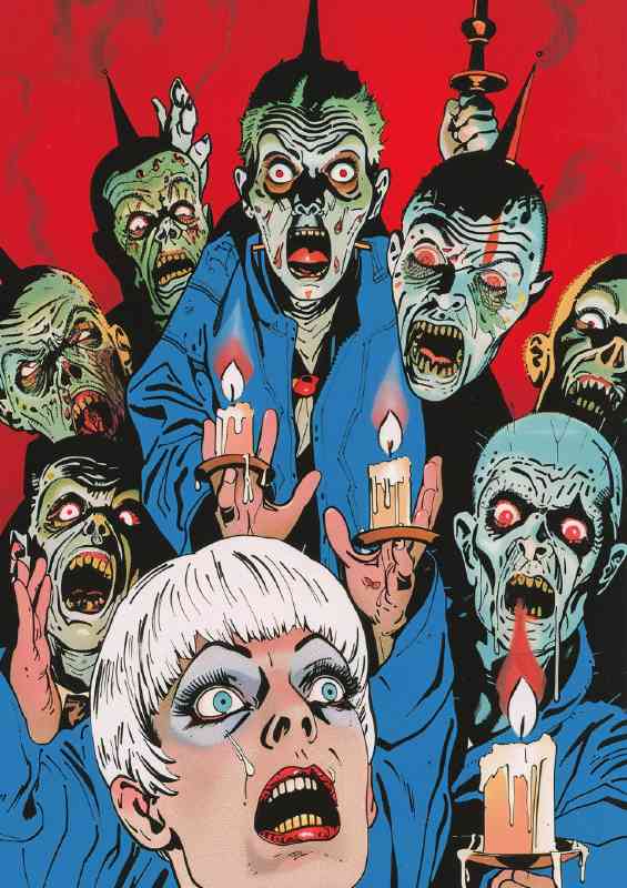 80s horror movie poster creepy eyes behind people | Metal Poster