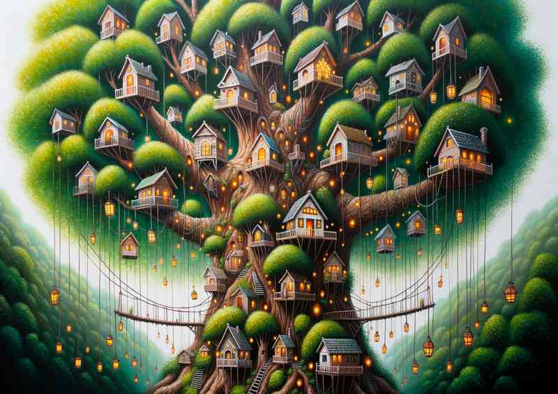 Abodes a tall leafy tree filled with miniature houses | Metal Poster