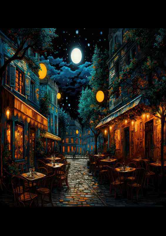 Moonlit Whispers Over Midnight Cafe Tables | Metal Poster