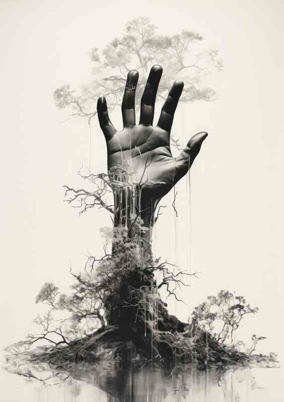 Whimsical Union Hand Merging with Twigs | Metal Poster
