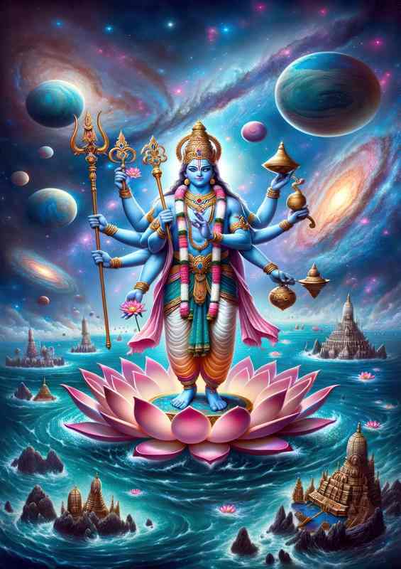 Vishnu Metal Poster - Blue God with 4 Arms & Conch