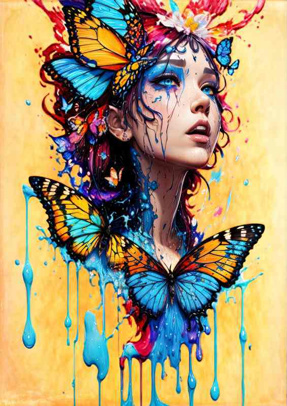 Vibrant Flight of Innocence Lady And The Butterflies | Metal Poster