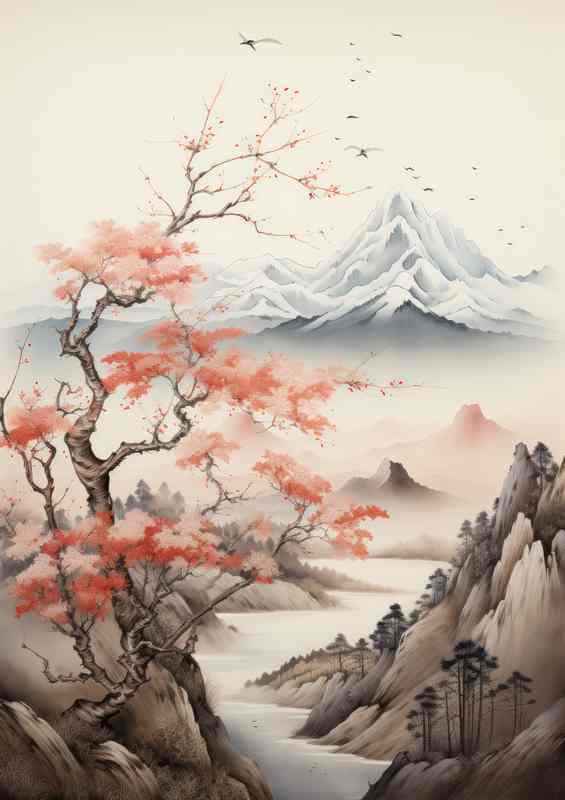 Harmony of Nature Blossoms and Mountains | Metal Poster
