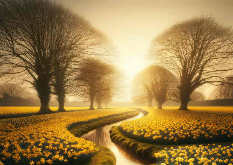 Daffodil spring field with trees In A nice landscape | Metal Poster
