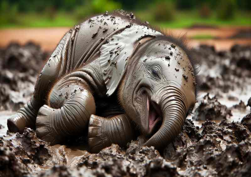 Muddy Munchkin a baby elephant rolling in mud | Metal Poster