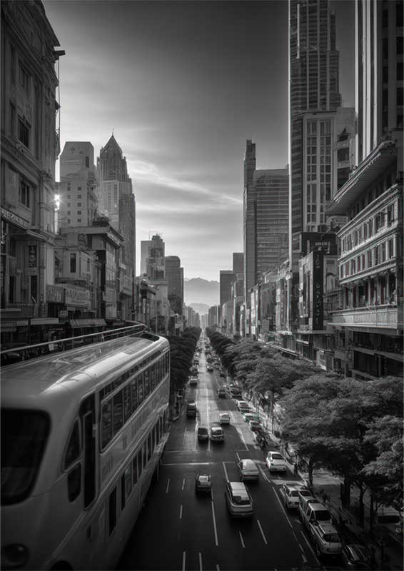 Amazing street scene nice skyline black and white | Metal Poster