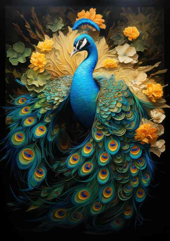 The Majestic Peacock A Dance of Colors Amidst Blooms | Metal Poster