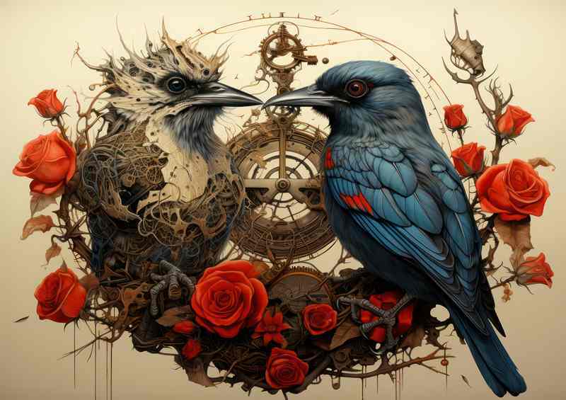 A nice pair of Birds on a perch with red roses | Metal Poster