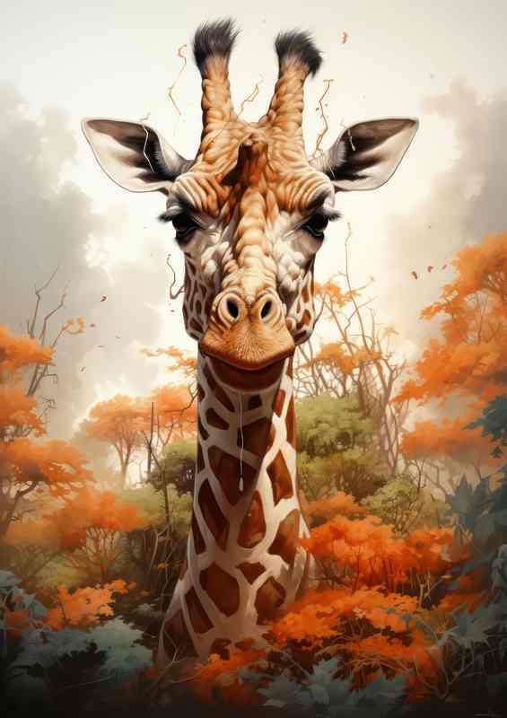 Giraffe in the tree tps couloured in orange and green | Metal Poster