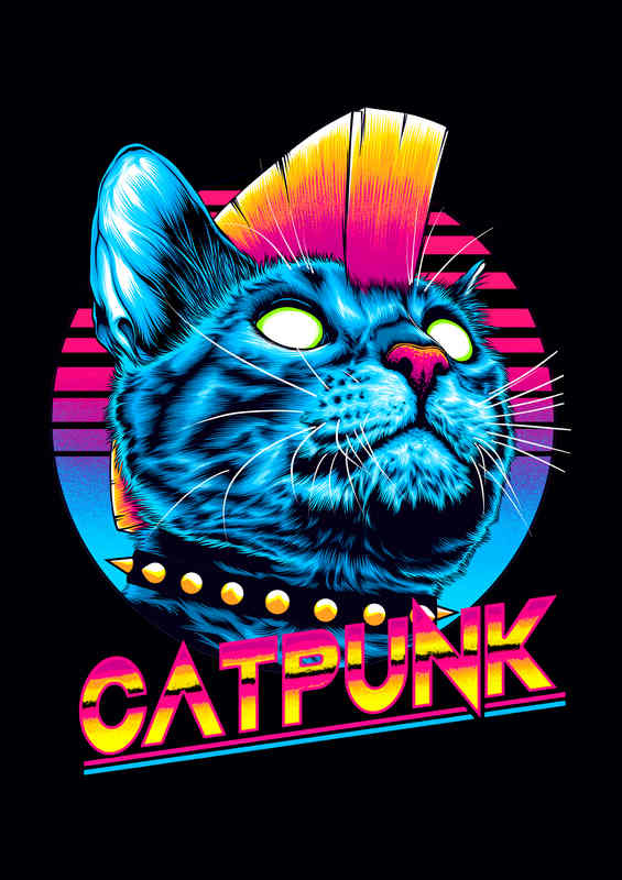 Cat Punk white eyes neon colour | Metal Poster