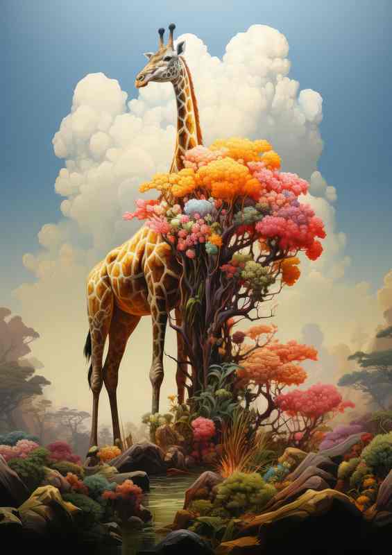 The Coloured tree With A Giraffe standing tall | Metal Poster