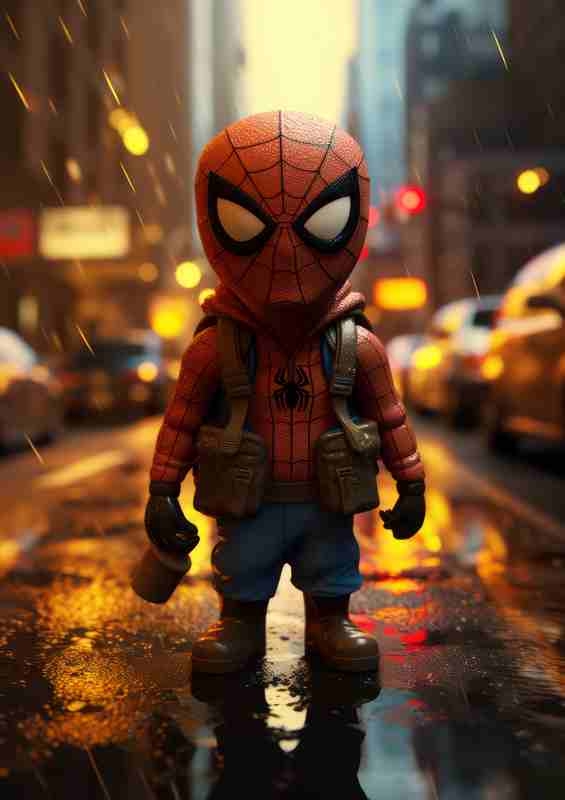 A little spider man standing in the traffic | Metal Poster