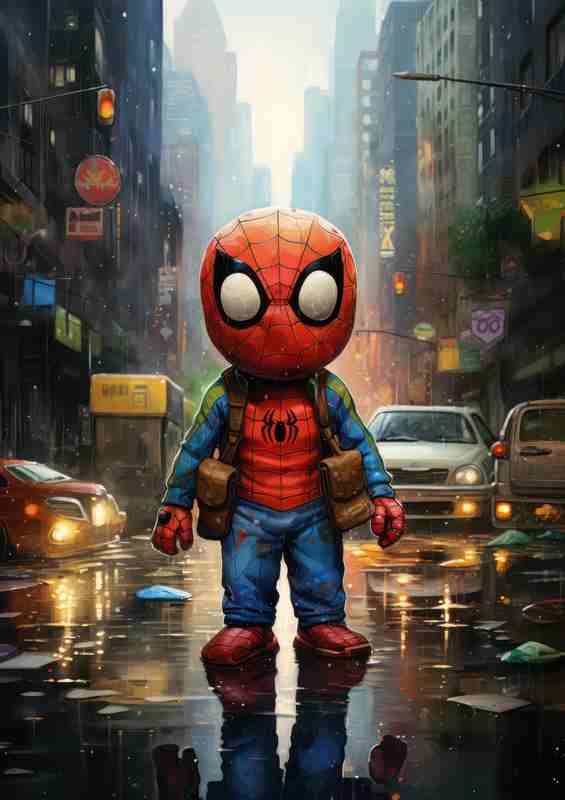 A little spider man standing in the traffic of the city | Metal Poster