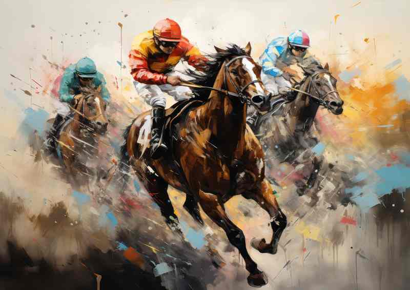 Abstract art of horse races with racing jockeys | Metal Poster