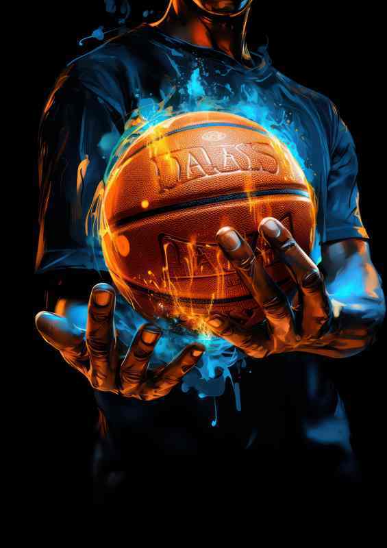 Basketball ball In a hand with blue and orange colors | Metal Poster