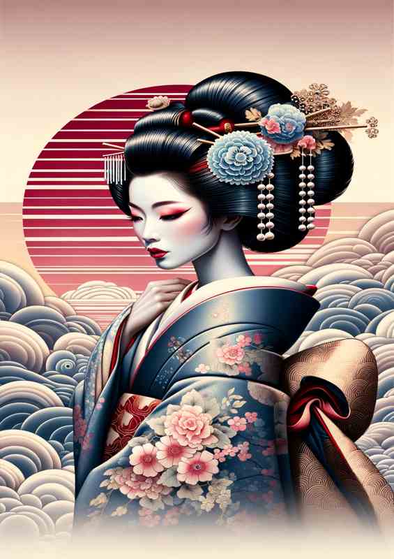 Geisha Beauty Traditional Japanese Art in blue | Metal Poster