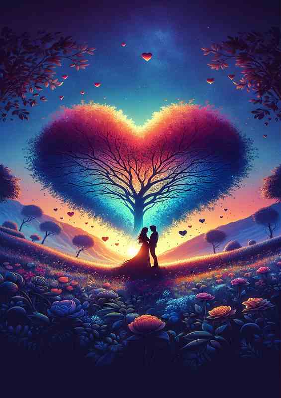 Couple Heart Tree Silhouette Painting | Metal Poster
