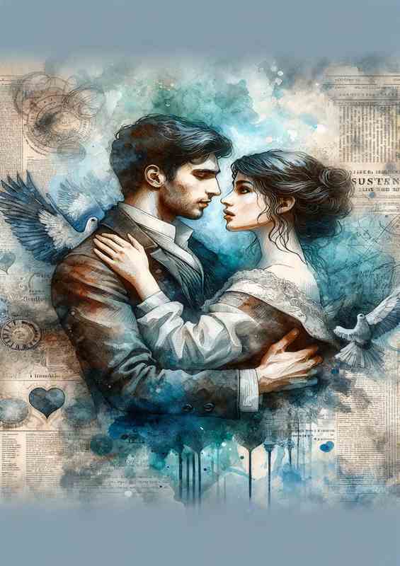 Romantic Embrace Watercolor Newspaper Background | Metal Poster