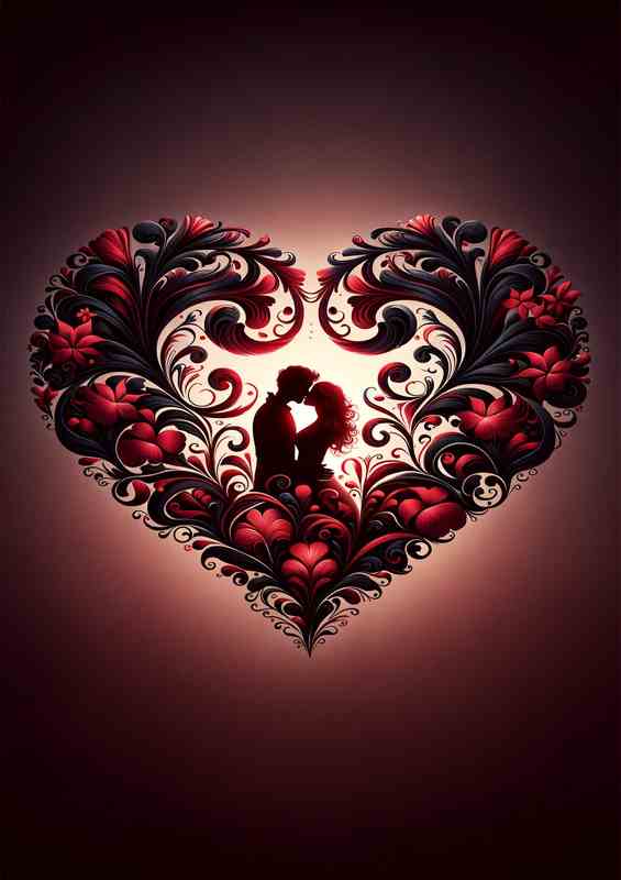 Romantic Silhouette Kiss Floral Heart Love | Metal Poster