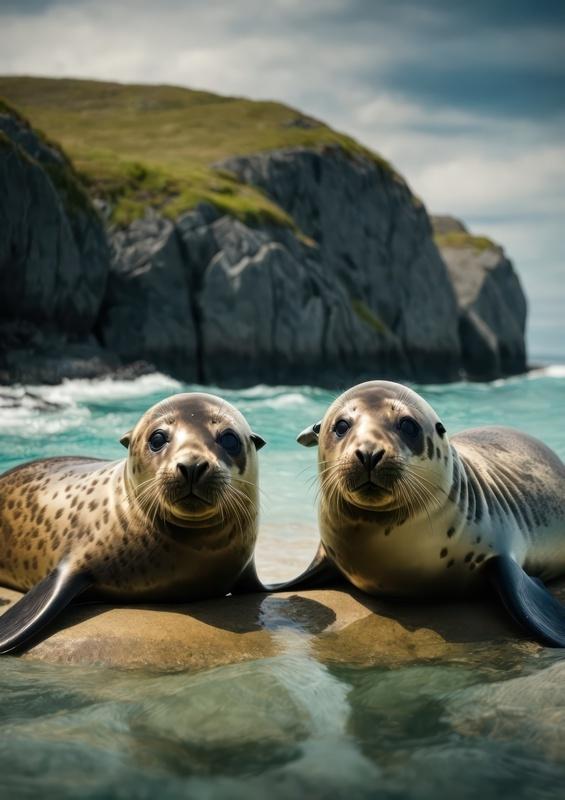 Seals In the sea next to the rock cliffs | Metal Poster