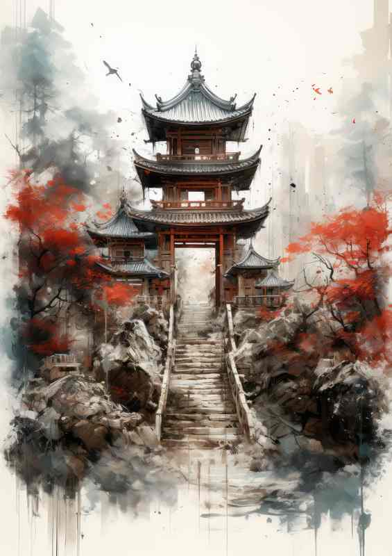 Graceful Gateways Torii Watercolor Whisper | Metal Poster