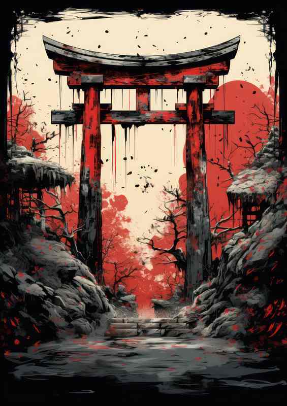 Inked Entrance Watercolor Whispers of Torii Gates | Metal Poster