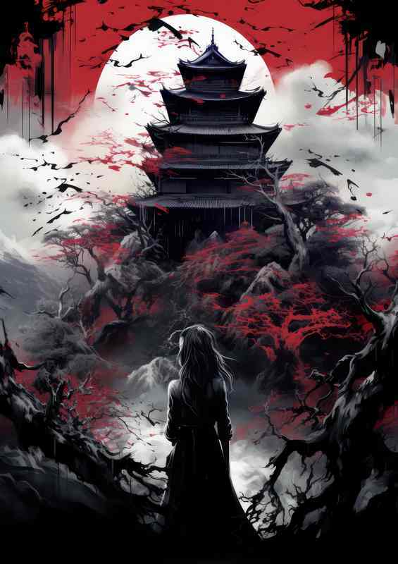 Moonlit Sakura Castle Metal Poster