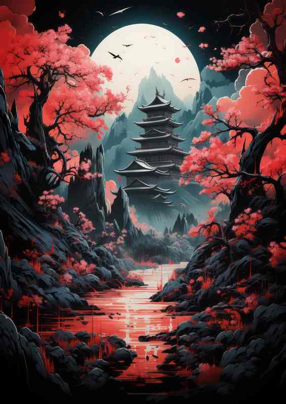 Japanese house with a orange lake and cherry trees | Metal Poster