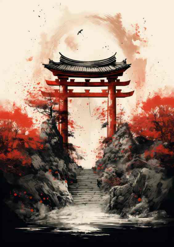 Sacred Shinto Gates Ink and Watercolor Visions | Metal Poster