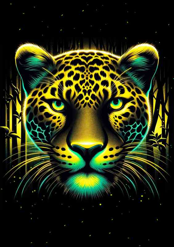 A fierce leopards head with neon yellow and black tones | Metal Poster