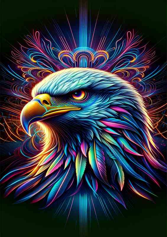 A majestic eagles head in a neon digital art style | Metal Poster