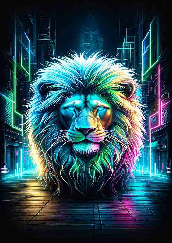A majestic lion with a neon cyberpunk twist | Metal Poster