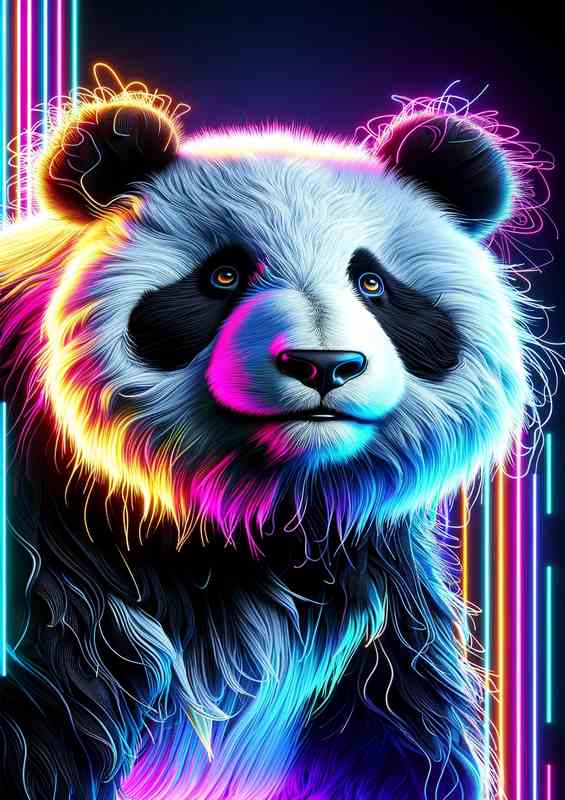 Vibrant Neon Panda Metal Poster