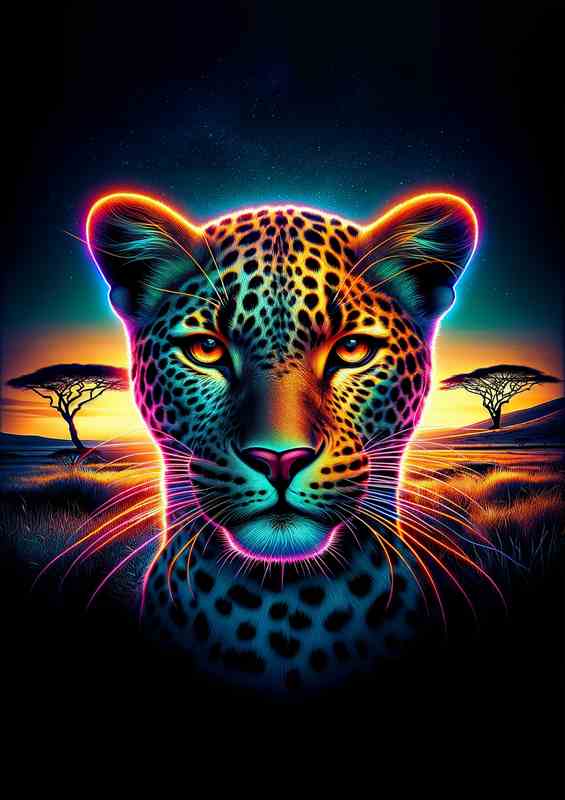 A sleek leopards head in neon African savanna | Metal Poster