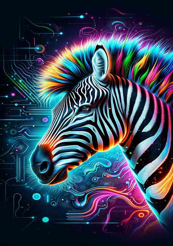 A striking zebras head in neon digital art | Metal Poster