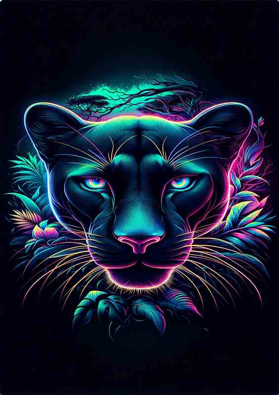 Amospheric sleek panthers head in neon art style jungle | Metal Poster