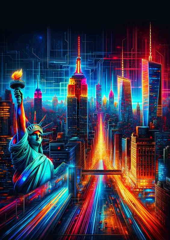 Vibrant Neon NYC Skyline Metal Poster