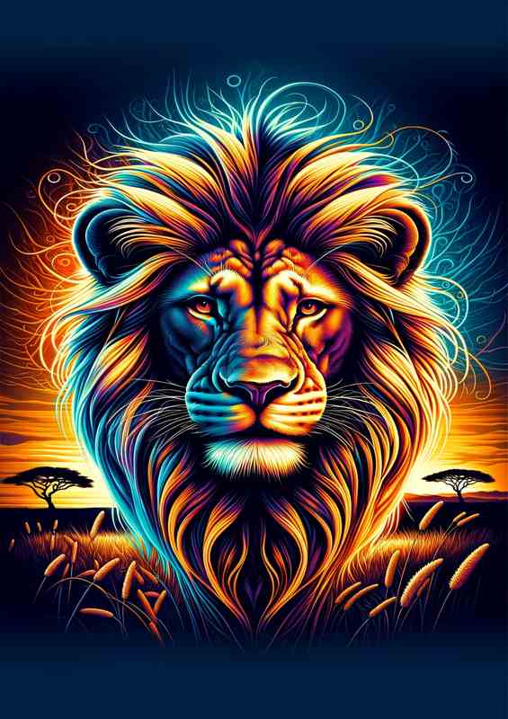 Lions head in neon digital art style African savanna | Metal Poster