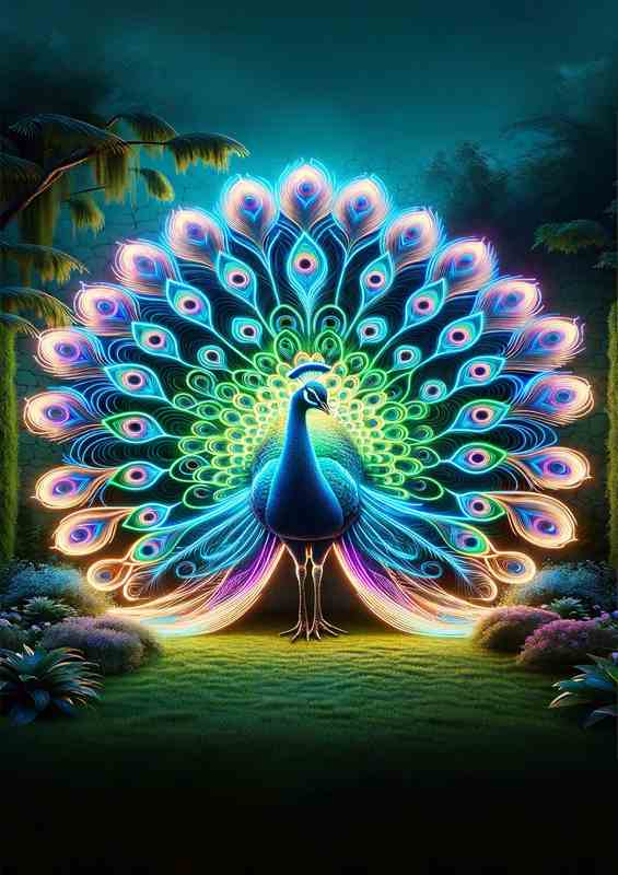 Neon Art Peacock Feather Metal Poster