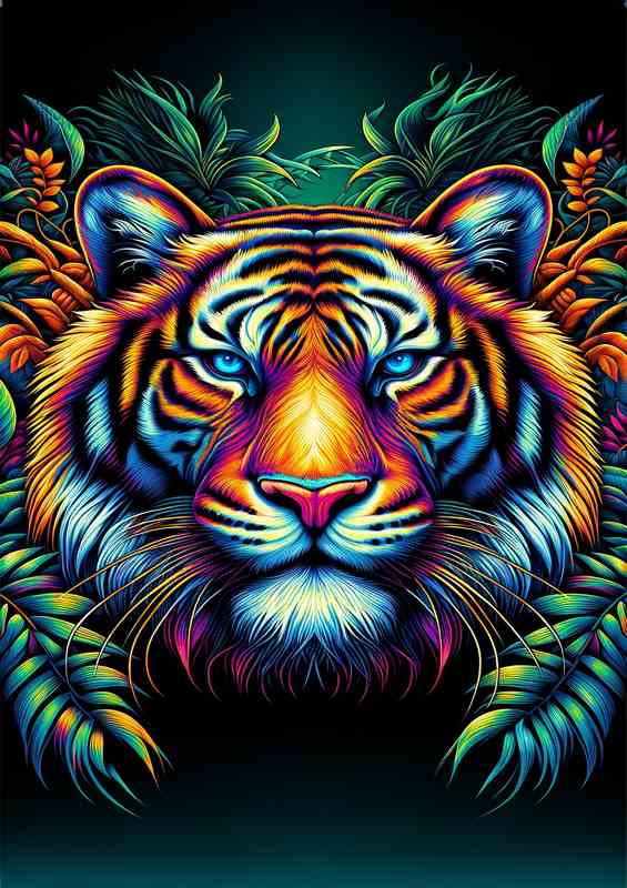 Tigers head in neon with elements of a dense jungle | Metal Poster