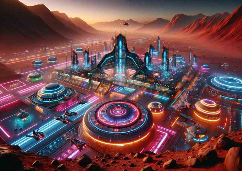 A Futuristic Neon Spaceport on Mars | Metal Poster