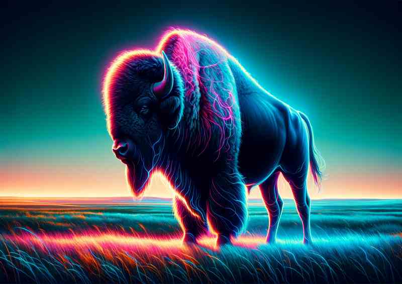 Neon Bison on Grass Metal Poster
