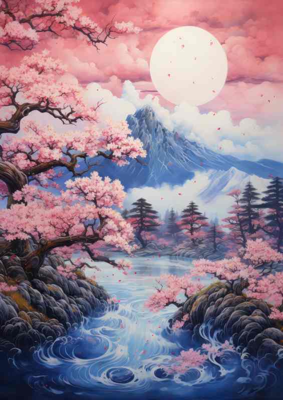 Cherry Trees in Bloom Japans Mountain Landscapes | Metal Poster